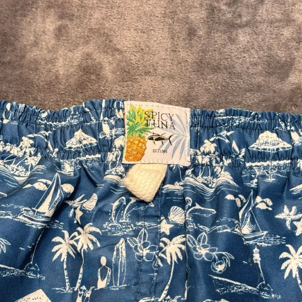 SPICY TUNA Sz 4XL Sailboat Surf Ocean Beach Life Palm Tree Swim Trunk Drawstring